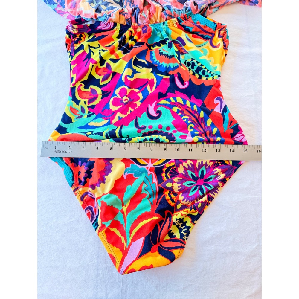 Tahari Womens Floral Paisley Ruffle Off‎ The Shoulder One Piece Swimsuit Large - Picture 4 of 7